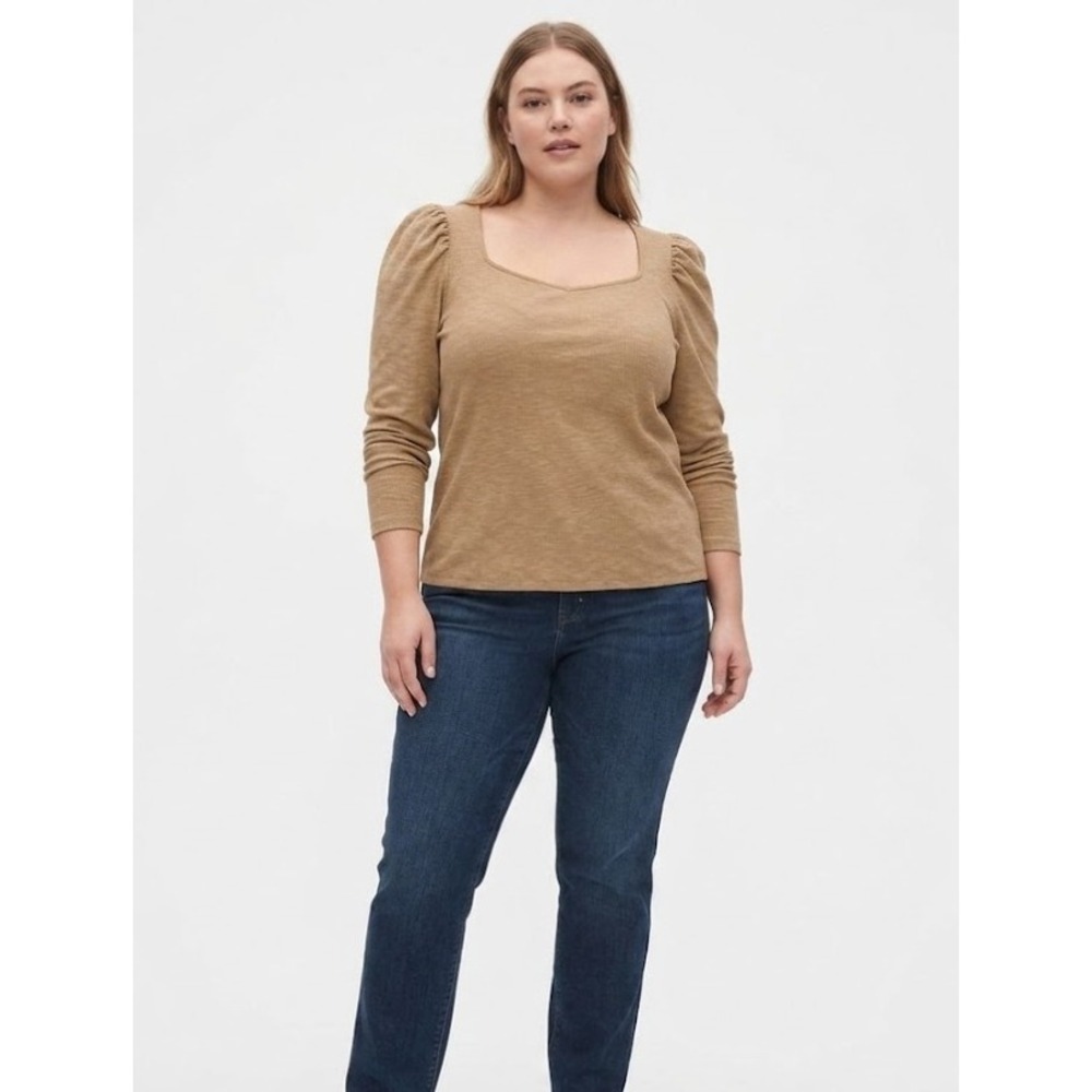 New GAP Light Brown Soft Stretch Knit Sweetheart Neck Long Sleeve Top XXL